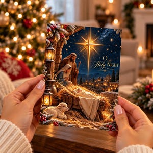May include: A rectangular Christmas greeting card featuring a nativity scene with a bright star, the text O Holy Night, figures of Mary and Joseph, a baby in a manger, and a lamb, all set against a dark blue starry night sky background.