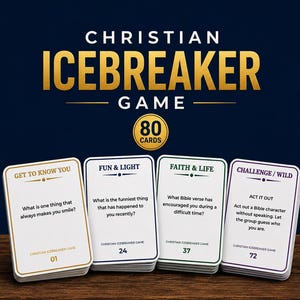 Könnte beinhalten: Ein Christian Icebreaker Game mit 80 Karten. Vier weiße Karten sind abgebildet, jede mit einem unterschiedlich farbigen Rand und einer Kategorie: Get To Know You in Gold, Fun & Light in Blau, Faith & Life in Grün und Challenge / Wild in Lila.