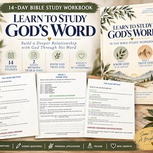 May include: A 14-day Bible study workbook titled Learn to Study God's Word, featuring a cover with mountain illustrations and botanical accents. The set includes instructional pages detailing the Hear and Soap methods for guided scripture study.