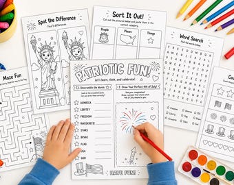 May include: A collection of black and white activity sheets for children featuring patriotic themes. The pages include a Spot the Difference, Sort It Out, Word Search, Maze Fun, Count and Color, and a Patriotic Fun worksheet with word unscrambling.