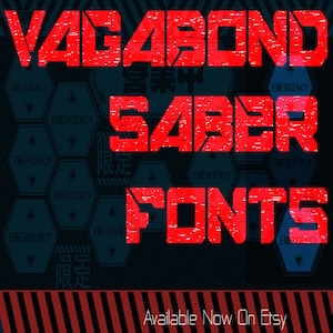 May include: Red and white striped background with the text "VAGABOND SABER FONTS" in a red, distressed font. The text is overlaid on a dark blue background with hexagonal shapes and the word "EMERGENCY" in white text.