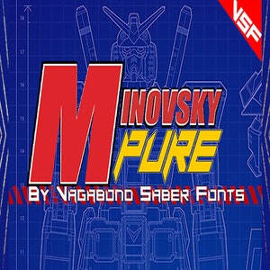 Puede incluir: Un diseño de plano azul y blanco con una fuente roja y amarilla que dice "INOVSKY PURE" y "BY VAGABOND SABER FONTS".