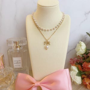 Coquette Pearl Choker Bow Charm Necklace | Two Layer Gold Chain | Dollcore Fairycore Jewelry Minimalist Regency Pendant Rose Gold | Coquette