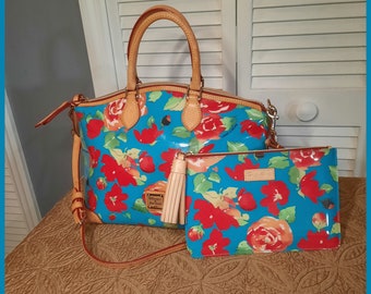 Dooney & Bourke Dome Zip Satchel Set Rose Garden Dooney and Bourke Bag and Pouch Set Blue Floral Dooney Bourke Bag