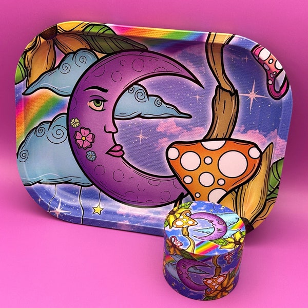 Rolling Tray & Grinder Set Matching Kit, Beautiful Moon and Mushroom Girly Design, Aesthetic Set with Gift Box