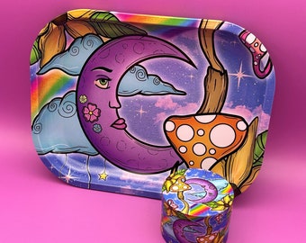 Rolling Tray & Grinder Set Matching Kit, Beautiful Moon and Mushroom Girly Design, Aesthetic Set with Gift Box