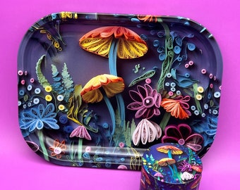 Rolling Tray and Grinder Set, 3D Floral Mushrooms Kit with Gift Box