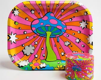 Rolling Tray Set met Grinder, Trippy Mushroom-ontwerp, Geschenkdoos