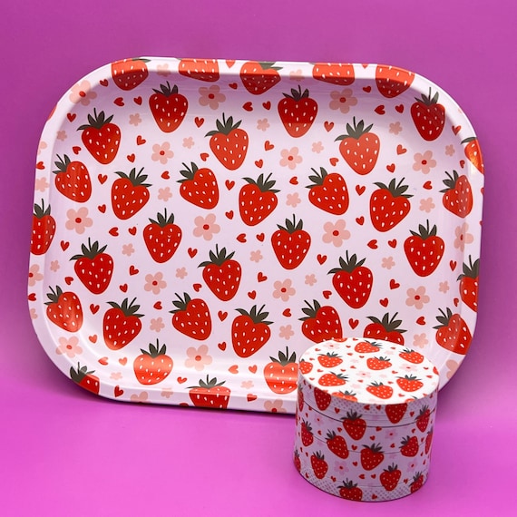 Rolling Tray and Grinder Set Strawberries & Flowers, Cute Girly Grinder with Beautiful Daisies, Unique Gift for Her