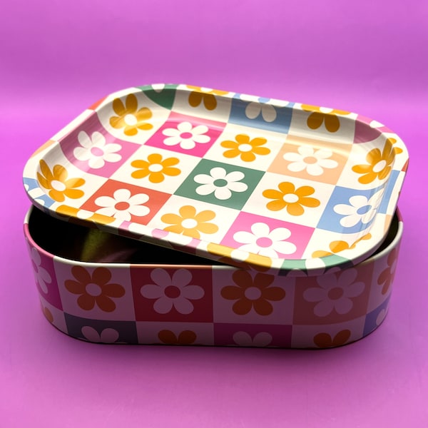 Boîte de rangement avec couvercle pour plateau à roulettes, kit de rangement en métal - Récipient pour bijoux, bonbons, accessoires pour fumée - Joli design rétro avec boîte cadeau