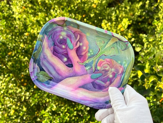 Small Rolling Tray - Roses Metal Tray - Butterfly Aesthetic Tray