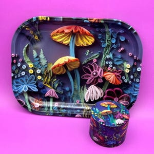 Rolling Tray and Grinder Set, 3D Floral Mushrooms Design Kit with Gift Box