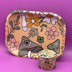 Rolling Tray and Grinder Set Aesthetic Girly Flowers/Mushrooms Matching Kit with Beautiful Gift Box