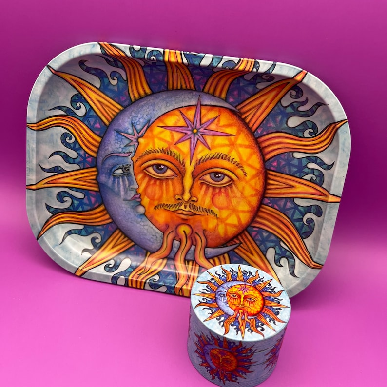 Rolling Tray Set | Sun Moon Tray and Grinder Kit | Beautiful Gift Set 