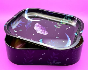 Stash Box with Rolling Tray Lid, Metal Storage Kit - Container for Jewelry, Candy, Smoke Accessories - Moon/Butterfly Design with Gift Box