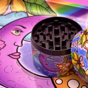 2pcs Grinder & Rolling Tray Set Matching Kit, Beautiful Girly Design, Aesthetic Set Gift Box (Moon and Mushroom)
