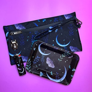 3-in-1 Set; Smell Proof Bag, Rolling Tray, Lighter Case (Butterfly and Moon Design)