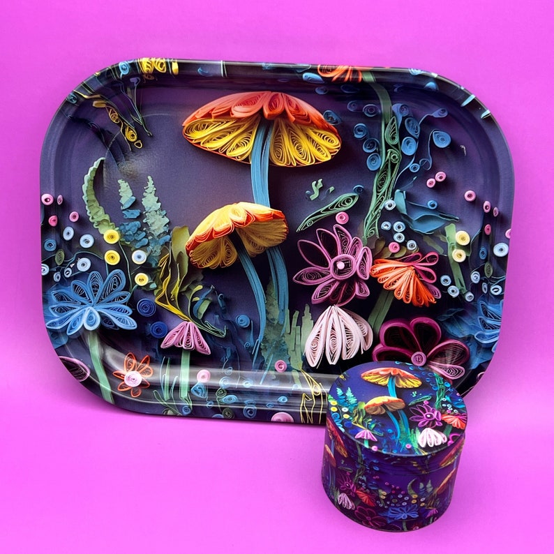 Rolling Tray and Grinder Set, 3D Floral Mushrooms Kit with Gift Box image 1