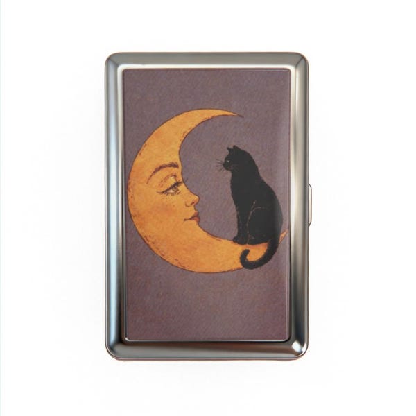 Moon Cat Cigarette Case - Vintage Card Holder Wallet, Multi-Functional Metal Tin Box, Versatile Trinket Business Card ID Holder