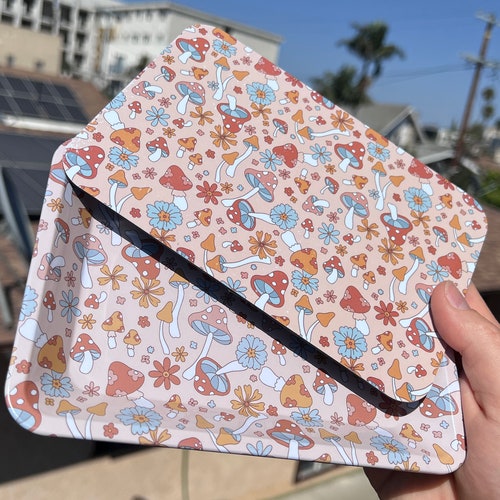 Rolling Tray Mushroom & Flowers with Magnetic lid Small Rolling Tray Cute Rolling Tray Metal Rolling Tray