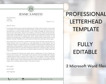 May include: Professional letterhead template with the name Jessica Smith. The design includes a light green border and the text "FULLY EDITABLE" and "2 Microsoft Word files". The letterhead is designed for business use.