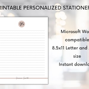Op de afbeelding: Afdrukbare gepersonaliseerde briefpapier sjabloon met de initialen "JS" in een cirkel en de naam "Jessica Smith" onderaan. De sjabloon is compatibel met Microsoft Word en is beschikbaar in de formaten 8,5x11 Letter en A4. Direct downloaden.