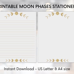 Puede incluir: Papelería imprimible con un diseño de fases lunares de purpurina dorada. El diseño incluye una luna creciente, luna llena y otras fases lunares. El texto "Printable Moon Phases Stationery" y "Instant Download - US Letter & A4 size" está incluido.