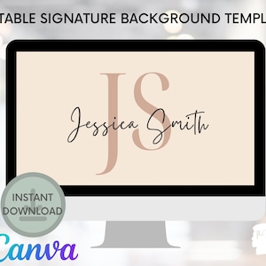 May include: A computer screen mockup showing a beige background with a monogram of the letters "JS" in a light brown color. The text "Jessica Smith" is written in black cursive script below the monogram. The text "INSTANT DOWNLOAD" is on a gray circle with a download icon. The text "Canva" is in a blue, purple, and pink gradient. The text "The Minimalist Co." is in white on a gray background.