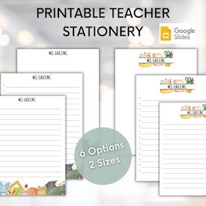 Puede incluir: Papelería de profesor imprimible en dos tamaños con seis diseños diferentes. Los diseños presentan una estantería de aula con útiles escolares y el texto "MS. GREENE".