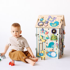 Big Busy Board Wooden House, Montessori Educational Sensory Toy for Toddler Baby, 1 2 3 Years old gift, Activity busy table, learn and play