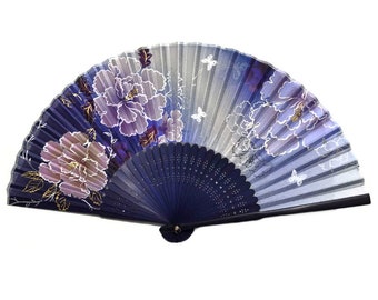 Peony Flowers Silk Hand Fan 8.25" Silk Blend Fabric Folding Fan Floral Blue Purple Pocket Purse