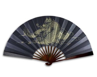 Dragon Folding Fan Large 13" Black and Gold Folding Hand Fan or Small Wall Fan Feng Shui Asian Symbol