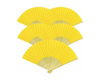 5 Lemon Yellow Paper Fans 5pcs Folding Hand Fan Wedding Gift Party Favor Bamboo Set Lot Five Pcs