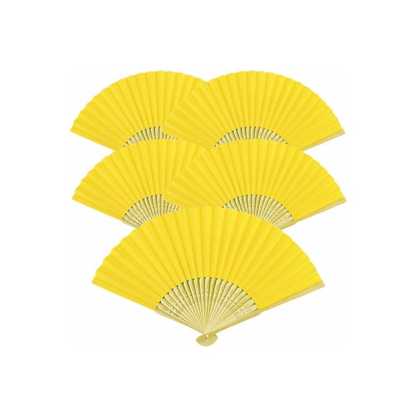 5 Lemon Yellow Paper Fans 5pcs Folding Hand Fan Wedding Gift Party Favor Bamboo Set Lot Five Pcs