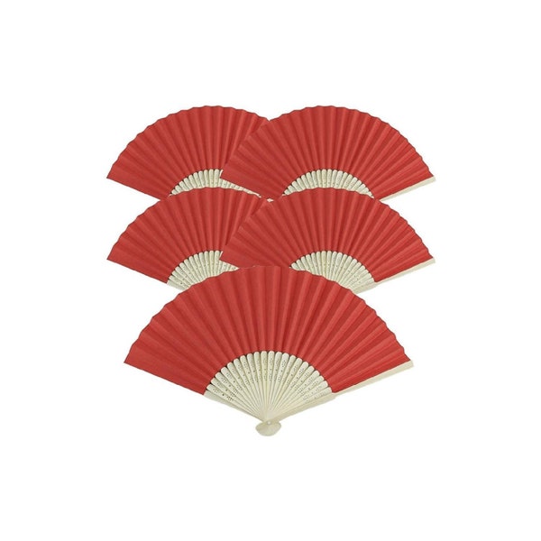 5 Red Paper Fans 5pcs Folding Hand Fan Wedding Gift Party Favor Bamboo Set Lot Five Pcs