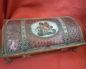 Vintage *TREASURE CHEST* Style Tin with 'St George and the Dragon' Relief
