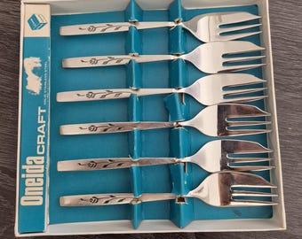 Vintage Oneida Craft Deluxe vorkenset 6 roestvrijstalen bloemen in doos