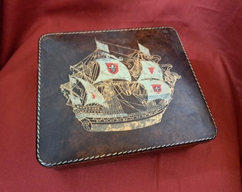 Vintage  'Stitched Leather' Effect Tin with *GALLEON* Design