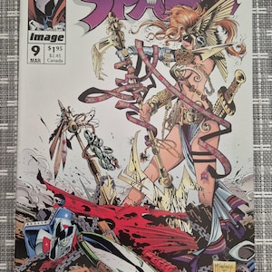 May include: A Spawn comic book issue 9 with a cover illustration featuring a winged warrior holding a long staff with ribbons. The title Spawn is at the top with a skull icon. The cover includes the Image logo, issue number 9, and price $1.95.