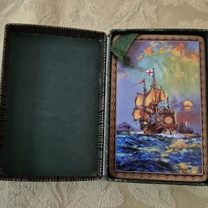 Vintage Waddingtons Spielkarten mit vergoldetem Rand Gold Deck Boxed Nautical Ship Design 1950er 1960er Jahre