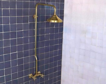 Vintage Unlacquered Brass Shower System, Exposed Rainfall Shower Head, Handheld Shower with customizable handles