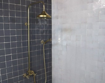 Vintage Unlacquered Brass Shower System, Exposed Rainfall Shower Head, Handheld Shower with customizable handles