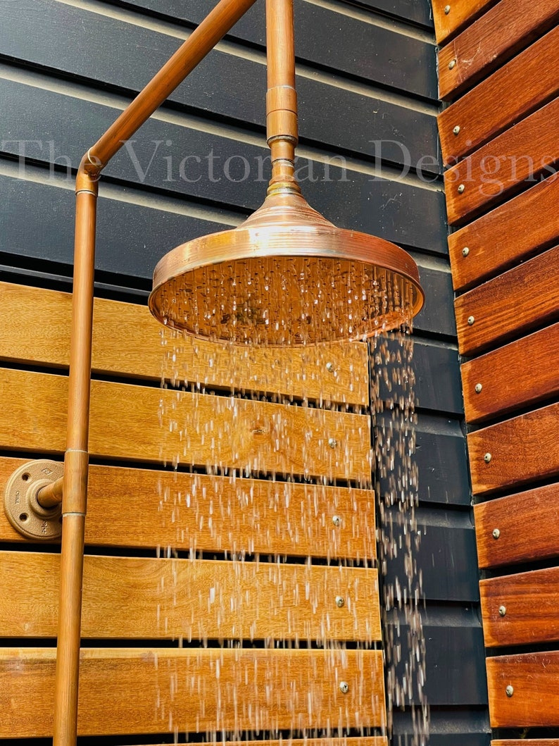 Unlacquered copper shower head , outdoor shower , copper shower head , outdoor copper shower head , showerhead , copper rain shower head image 1