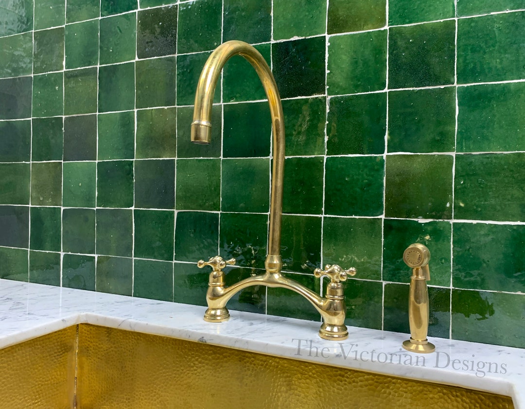Unlacquered Brass Kitchen Faucet, Dual Handle Bridge Sink Faucet With