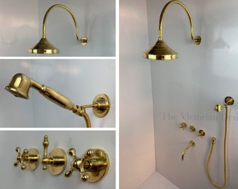 Unlacquered Solid shower system , shower , brass shower , brass rain shower , master bathroom , shower valve two outlets , brass shower hand