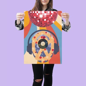 May include: A retro-style poster with a colorful design featuring a disco ball, headphones, and a record. The poster has a blue, orange, and yellow color scheme.