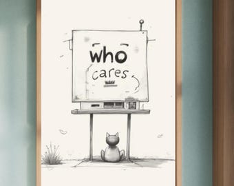 Dibujo lineal de gato minimalista, arte mural con humor cínico (impresión digital);