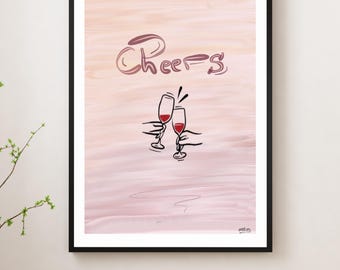 Lámina artística "Cheers Wine", póster minimalista de brindis, decoración rosa para carrito de bar (descarga digital)