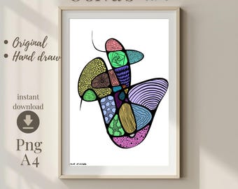 Lámina de arte abstracto Zentangle, arte mural colorido dibujado a mano (descarga PNG tamaño A4)