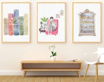 Juego de 3 láminas de acuarela con diseño de libros, ideales para decorar un rincón de lectura o una biblioteca acogedora (descarga digital).
